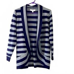 Pointelle Navy and Gray Striped Women's Cardigan